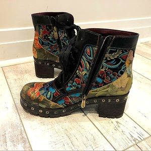 Colorful L’Artiste Leather and Brocade Platform Booties, Size 10, 2.5 Inch Heel